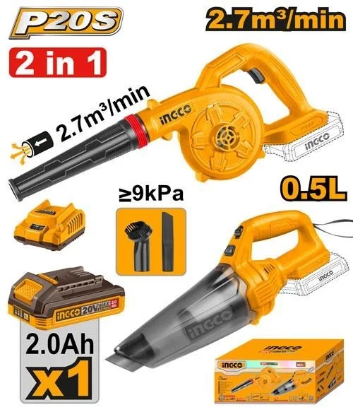INGCO CDSL I240998 20V Cordless Blower & Vacuum Cleaner Combo | 18000 RPM Air Blower | 2.7m�/min Air Volume | >9kPa Vacuum | 0.5L Dust Capacity