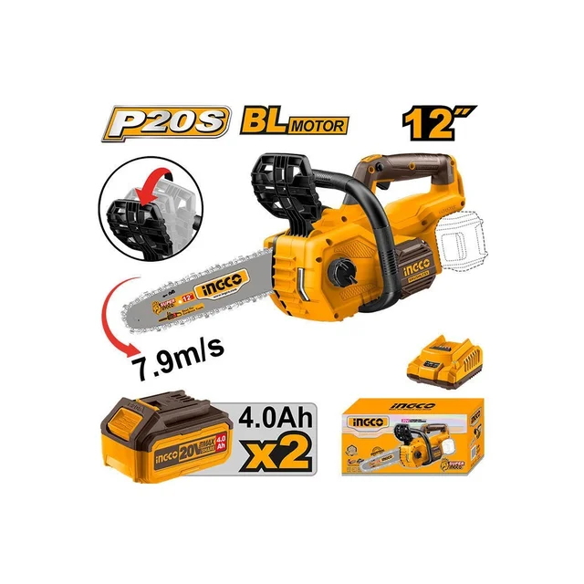 INGCO CGSLI20126 20V Cordless Chainsaw | 12" (30cm) Bar | 10m/s Chain Speed | Quick Chain Brake | Auto Lubrication | 3/8" Pitch | 45 Drive Links