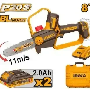 INGCO CGSLI20882 20V Cordless Chainsaw | 8" (20cm) Bar | 11m/s Chain Speed | Auto Lubrication | 2 x 2.0Ah Batteries & Charger | Saw Chain & Bar