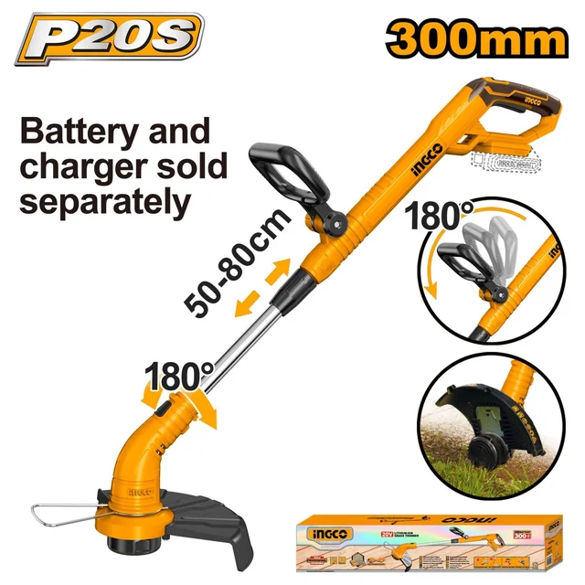 INGCO CGTLI20018 20V Cordless Grass Trimmer | 8200 RPM | 300mm Cutting Diameter | 1.6mm Twisted Line | 5m Line Length | Edging Function