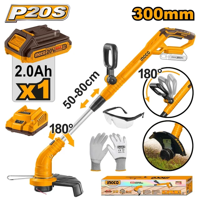 INGCO CGTLI20301 20V Cordless Grass Trimmer | 8200 RPM | 300mm Cutting Diameter | 1.6mm Twisted Line | 5m Line | Edging Function | 2.0Ah Battery & Charger