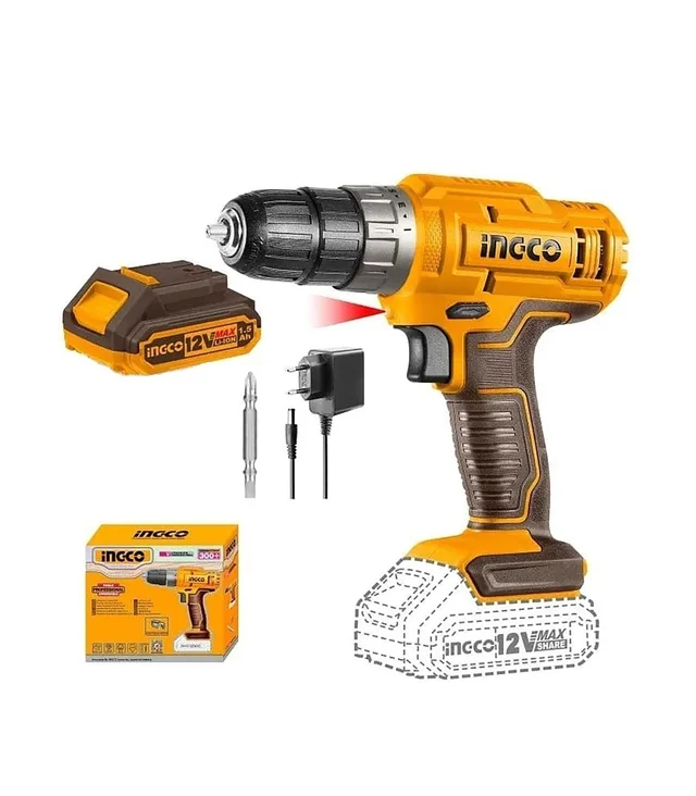 INGCO CIDLI1228 12V Cordless Impact Drill Driver Kit | 25Nm Max Torque | 22,500 BPM | 2-Speed 0-400/0-1500 RPM | 10mm Keyless Chuck | 2 x 1.5Ah Lithium-Ion Batteries
