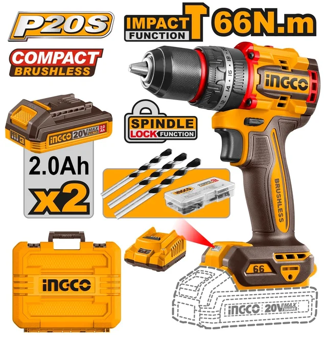 INGCO CIDLI20668 20V Cordless Impact Drill Driver | 66Nm Max Torque | 30,000 BPM | 2-Speed 0-500/0-2000 RPM | 13mm Metal Chuck | LED Battery Power Indicator