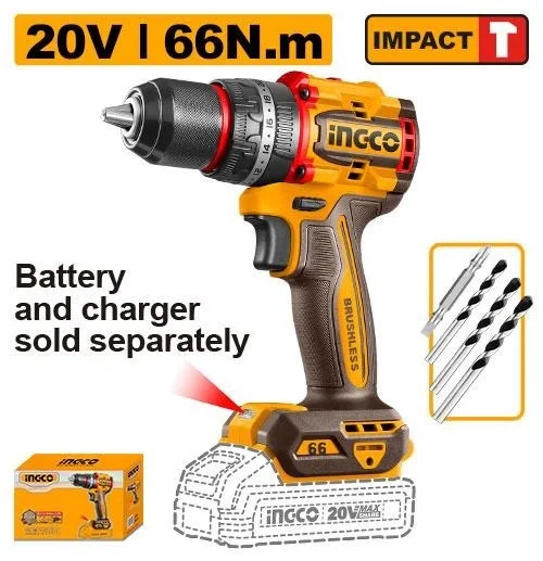 INGCO CIDLI206681 20V Cordless Impact Drill Driver | 66Nm Max Torque | 30,000 BPM | 2-Speed 0-500/0-2000 RPM | 13mm Metal Chuck | Spindle Lock | LED Work Light
