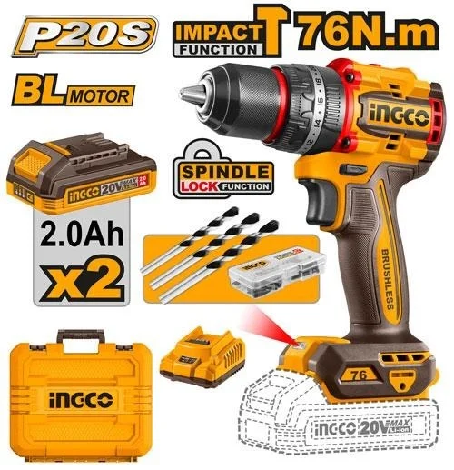 INGCO CIDLI20768 20V Cordless Impact Drill Driver | 76Nm Max Torque | 30,000 BPM | 2-Speed 0-500/0-2000 RPM | 13mm Metal Chuck | LED Battery Power Indicator