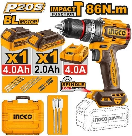 INGCO CIDLI20868 20V Cordless Impact Drill Driver | 86Nm Max Torque | 30,000 BPM | 2-Speed 0-500/0-2000 RPM | 13mm Metal Chuck | LED Battery Power Indicator
