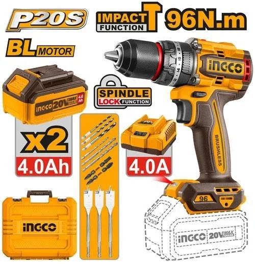INGCO CIDLI20968 20V Brushless Cordless Impact Drill Driver | 96Nm Max Torque | 30,000 BPM | 2-Speed 0-500/0-2000 RPM | 13mm Metal Chuck | LED Battery Power Indicator