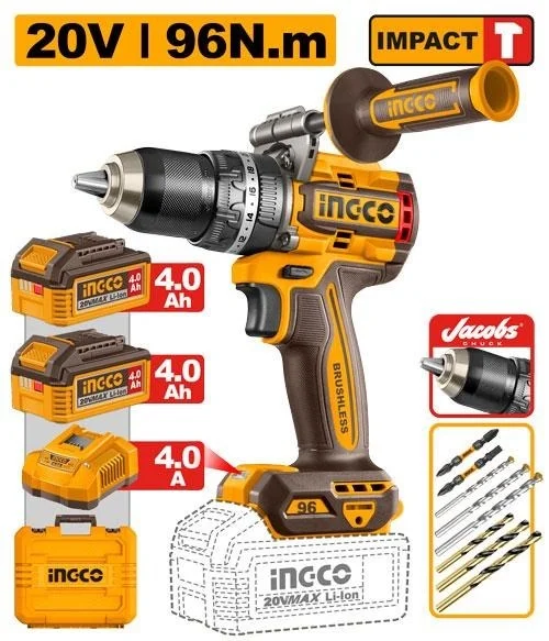 INGCO CIDLI209688 20V Brushless Cordless Impact Drill Driver | 96Nm Max Torque | 31,500 BPM | 2-Speed 0-550/0-2100 RPM | 13mm Jacobs Metal Chuck | LED Work Light