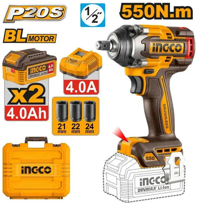INGCO CIWLI2055 20V Brushless Cordless Impact Wrench | 550Nm Fastening Torque | 700Nm Breakaway Torque | 3-Speed 1/2" Drive | LED Work Light | Belt Clip Included