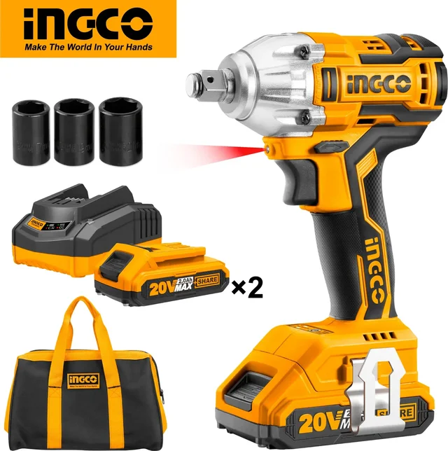 INGCO CIWLI2001 20V Brushless Cordless Impact Wrench Kit | 300Nm Max Torque | 1/2" Square Drive | 2-Speed 0-1300/0-2100 RPM | Dual 2.0Ah Batteries & Charger