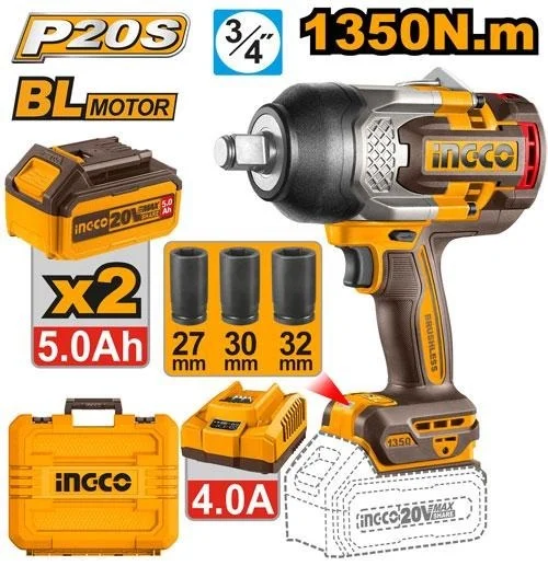 INGCO CIWLI201355 20V Brushless Cordless Impact Wrench | 1350Nm Fastening Torque | 1900Nm Nut-Busting Torque | 3/4" Drive | Heavy Duty Industrial Wrench