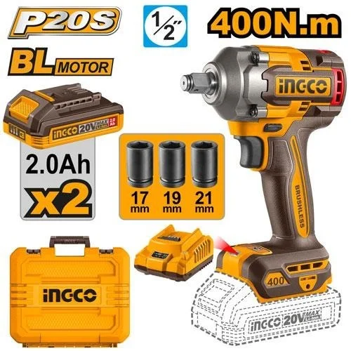 INGCO CIWLI2040 20V Brushless Cordless Impact Wrench | 400Nm Fastening Torque | 550Nm Nut-Busting Torque | 3-Speed 1/2" Drive | Charger Included