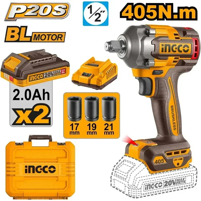 INGCO CIWLI2045 20V Cordless Impact Wrench | 405Nm Fastening Torque | 555Nm Breakaway Torque | 1/2" Square Drive | 3-Speed Control | Charger Included