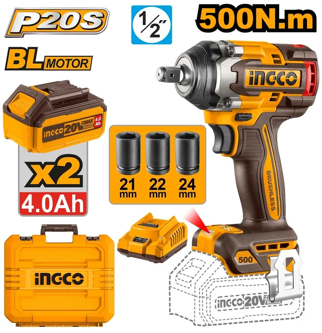 INGCO CIWLI2050 20V Brushless Cordless Impact Wrench | 500Nm Fastening Torque | 650Nm Nut-Busting Torque | 3-Speed 1/2" Drive | Belt Clip Included