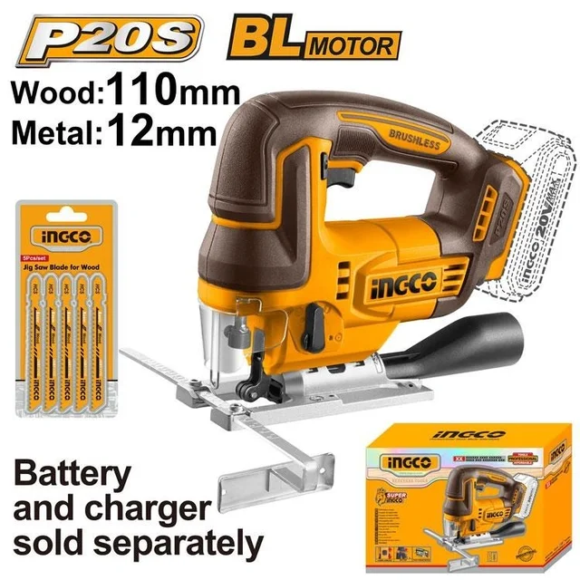 INGCO CJSLI1008 20V Cordless Jigsaw | 3000 RPM | 110mm Wood Cutting | 12mm Metal Cutting | 5 Saw Blades | Battery & Charger Sold Separately