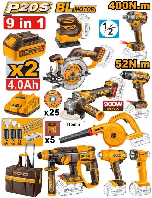 INGCO CKLI202598 20V Cordless Combo Tool Kit | Brushless Impact Drill CIDLI206681, Angle Grinder CAGLI212025 & Rotary Hammer CRHL26208