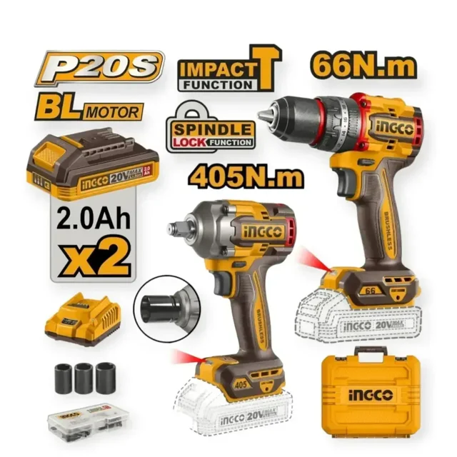 INGCO CKLI20286 20V Cordless Power Tool Combo Kit | Brushless Impact Drill CIDLI206681 & Impact Wrench CIWLI20451 | Professional Drill & Wrench Set