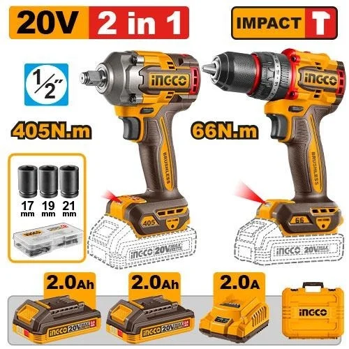 INGCO Cordless 2 pcs combo kit CKLI20286 features Brushless motor for practical, reliable performance in everyday workshop tasks.