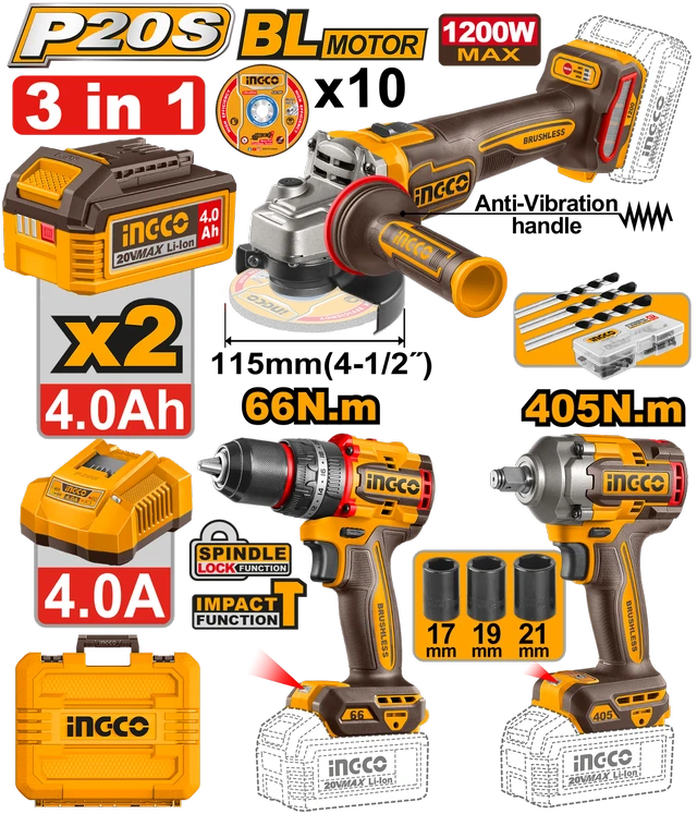 INGCO CKLI20358 20V Cordless Combo Tool Kit | Brushless Angle Grinder CAGLI212025, Impact Drill CIDLI206681 & Impact Wrench CIWLI20451 Set