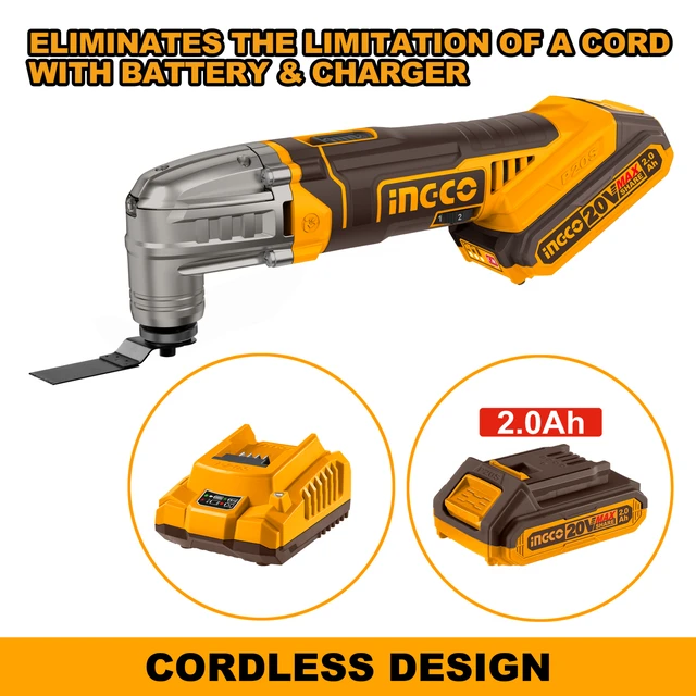 INGCO CMLI20228 20V Cordless Multi-Tool | 5000-20000 RPM Variable Speed | 3.2� Oscillation Angle | 6-Speed Control | 2.0Ah Battery & Accessories