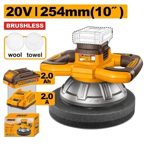 INGCO COPLI2025481 20V Cordless Car Polisher | 2500 RPM | 254mm Polishing Disc | 5mm Eccentric Distance | 2.0Ah Battery & Charger | Wool & Towel Bonnets