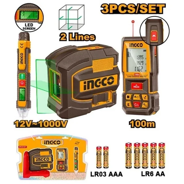 INGCO COS250908 Laser Measurement Combo Kit | Green Line Laser | 35m Range | Laser Distance Detector | Voltage Detector