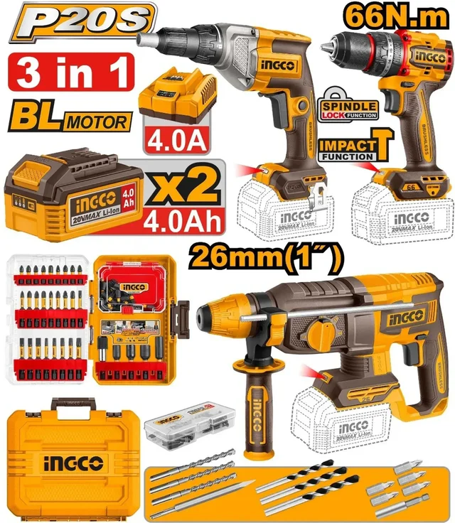 INGCO COSLI250591 20V Cordless Combo Tool Kit | Brushless Impact Drill CIDLI206681, Drywall Screwdriver & Rotary Hammer Set