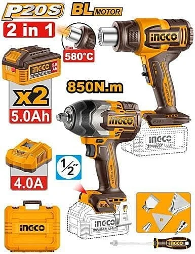 INGCO COSLI260381 20V Cordless Combo Kit | Brushless Impact Wrench CIWLI20851 & Cordless Heat Gun HGLI2008 | 1/2" Drive Power Tool Set