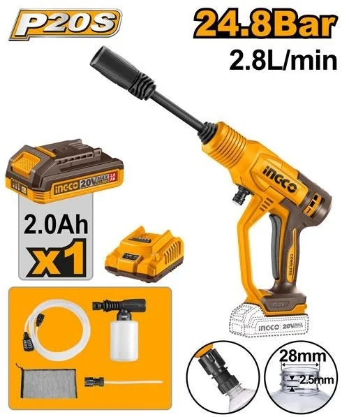 INGCO CPWLI2036 20V Cordless Pressure Washer | 24.8 Bar Max Pressure | 2.8 L/min Flow Rate | Auto Stop | 2-Pattern Spray Gun | 6m Hose