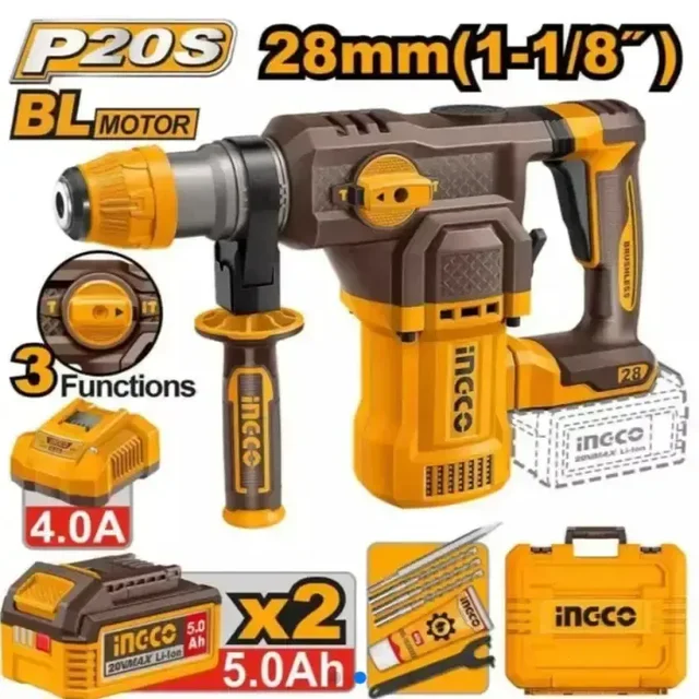 INGCO CRHLI202862 20V Cordless SDS-Plus Rotary Hammer | 4.5J Impact Energy | 4400 BPM | 28mm Concrete Drilling Capacity | 930 RPM
