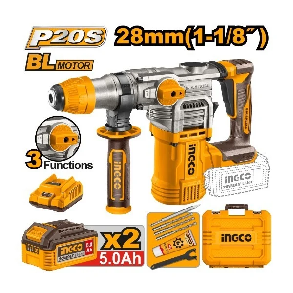 INGCO CRHLI202885 20V Cordless SDS-Plus Rotary Hammer | 4.5J Impact Energy | 4400 BPM | 28mm Concrete Capacity | 3 Drill Bits Included