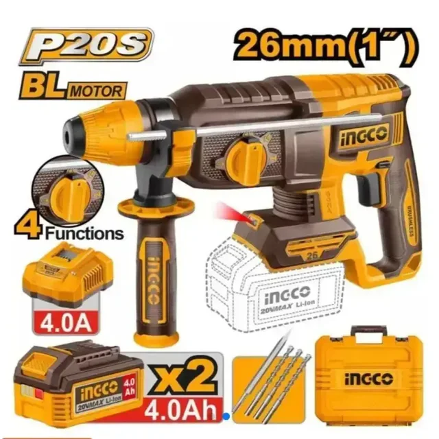 INGCO CRHLI262085 20V Cordless SDS-Plus Rotary Hammer | 2.5J Impact Force | 5000 BPM | 26mm Concrete Drilling Capacity | 1100 RPM