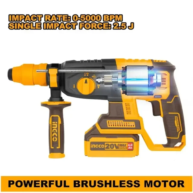 INGCO CRHLI262085 20V Cordless SDS-Plus Rotary Hammer | 2.5J Impact Force | 5000 BPM | 26mm Concrete Drilling Capacity | 1100 RPM