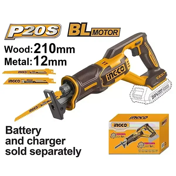 INGCO CRSLI2108 20V Cordless Reciprocating Saw | 2800 RPM | 210mm Wood Cutting | 12mm Metal Cutting | Wood & Metal Saw Blades | Battery & Charger Sold Separately