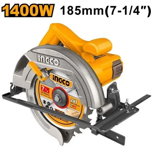 INGCO CS18538 1400W Circular Saw | 4800 RPM | 185mm Blade | 65mm Cutting Depth at 90� | 45mm at 45� | Adjustable Bevel & Depth