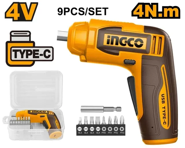 INGCO CSDLI0458 4V Cordless Screwdriver | 240 RPM | 4Nm Max Torque | 1/4" Hex Shank | LED Work Light | 8 Cr-V Bits & Carrying Case