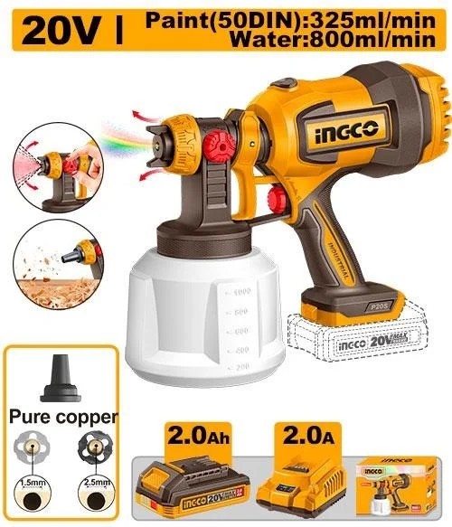 INGCO CSGLI20042 20V Cordless Paint Sprayer | 800ml/min Max Flow | 0.1-0.2 Bar Pressure | 120 DIN-s Viscosity | 1000ml Container | 2Ah Battery