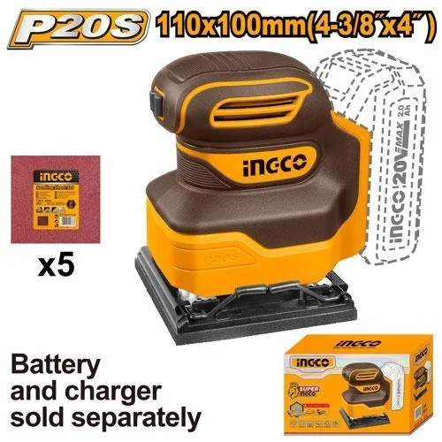 INGCO CSHSLI2014 20V Cordless Sheet Sander | 12000 RPM | 110 x 100mm Sanding Base | 5 Sandpapers | Portable Electric Sander