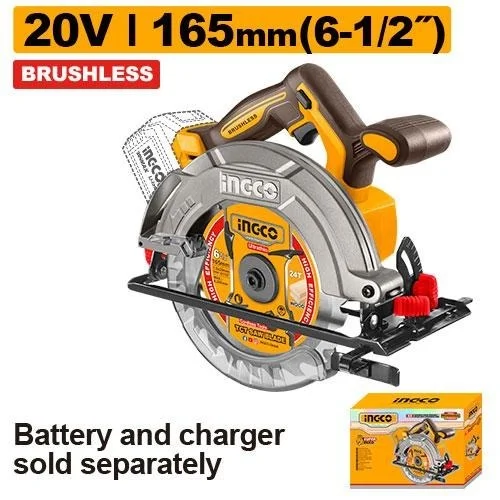 INGCO CSLI1652 20V Cordless Circular Saw | 5200 RPM | 165mm (6-1/2") Blade | 55mm Cutting Depth | Adjustable Bevel & Depth | Battery & Charger Sold Separately