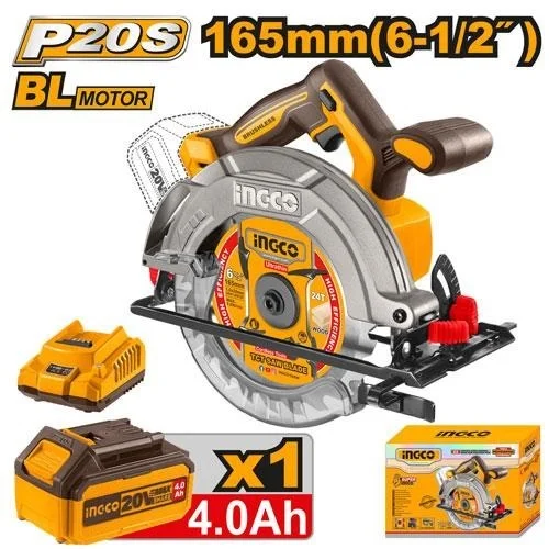 INGCO CSLI16521 20V Cordless Circular Saw | 5200 RPM | 165mm (6-1/2") Blade | 55mm Cutting Depth | Adjustable Bevel & Depth | 4.0Ah Battery