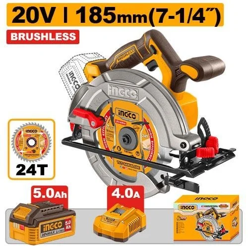 INGCO CSLI18513 20V Cordless Circular Saw | 4800 RPM | 185mm (7-1/4") Blade | 65mm Cutting Depth | Adjustable Bevel & Depth | 185mm Saw Blade