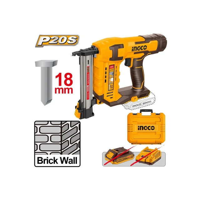 INGCO CSTLI3805 20V Cordless Concrete Nailer | ST18mm Nails | 2 Nails/s Drive Rate | 65-Piece Magazine | 200 Concrete Nails | Brick, Metal & Wood Fastening
