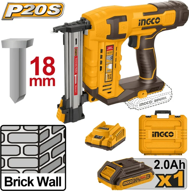 INGCO CSTLI3808 20V Cordless Concrete Nailer | ST18mm Nail Gun | 2 Nails/s Drive Rate | 65-Piece Magazine | 200 Concrete Nails | 2.0Ah Battery