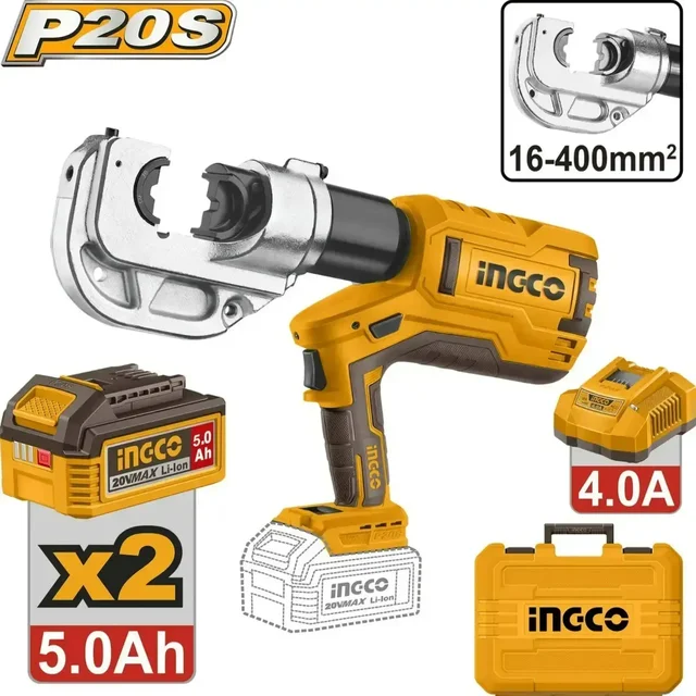 INGCO CTLI2005 20V Cordless Hydraulic Cable Crimper | 120KN Crimping Force | 16-400mm� Crimp Range | Dual 5.0Ah Batteries & 4A Charger