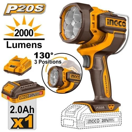 INGCO CWLI20881 20V Cordless LED Work Light | 2000 Lumens | 22.5W LED | 130� Swivel Lamp Head | 2.0Ah Battery & Charger