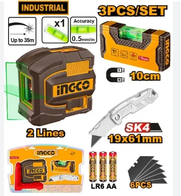 INGCO COSLL251002 Self-Leveling Green Line Laser Kit | 35m Range | �1.5mm Accuracy | 3-Piece Set