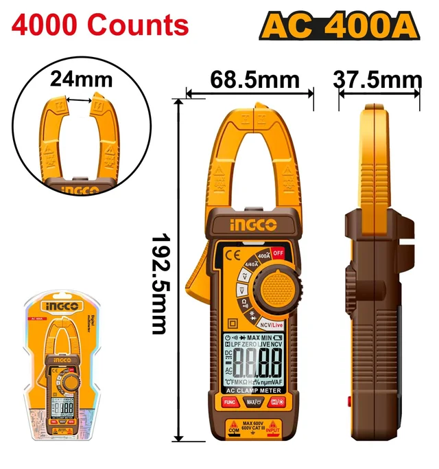 INGCO DCM62001 Digital AC Clamp Meter | 4000 Counts | 400A AC Current | 600V AC/DC | 40M? Resistance