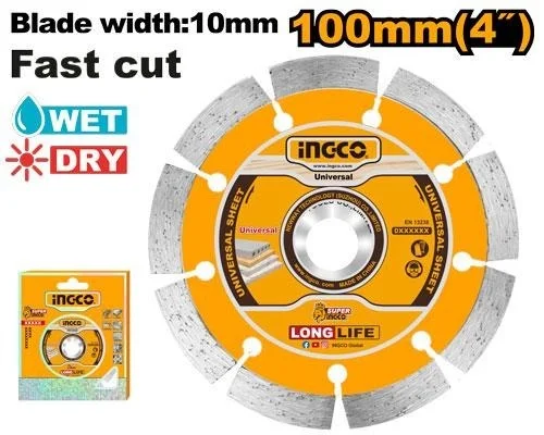 INGCO DMD011002 4 Inch Diamond Blade | 100mm x 16mm | 10mm Blade Width | Wet & Dry Stone Cutting Disc