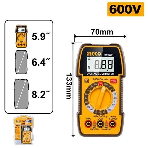 INGCO DM360011 Digital Multimeter | 2000 Counts RMS Display | 600V AC/DC | 20M? Resistance | NCV