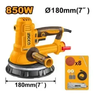 INGCO DWS10508 850W Drywall Sander | 1000-2900 RPM | 180mm Sanding Pad | Integrated Work Light | 8 Sandpapers | Dust Collection System